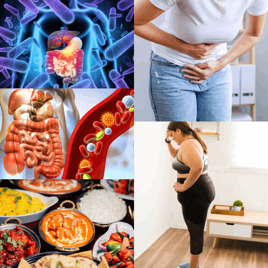 Collage showing digestive anatomy, abdominal discomfort, gut microbes, food, and a woman holding her abdomen.