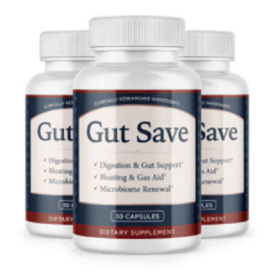 Three white “Gut Save” dietary supplement bottles with navy, cream, and red labels on a black background.