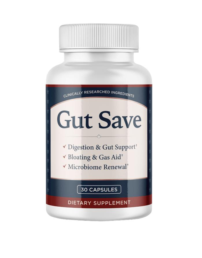 White bottle labeled “Gut Save” dietary supplement with digestive health claims on a black background.